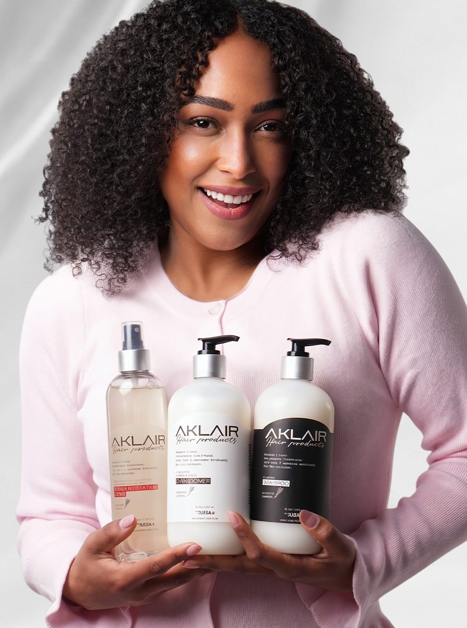 Atiya Hamilton holding the AKLAIR Primer, Conditioner and Shampoo
