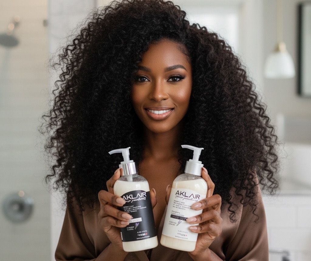 Woman with long coily hair holding AKLAIR shampoo and conditioner