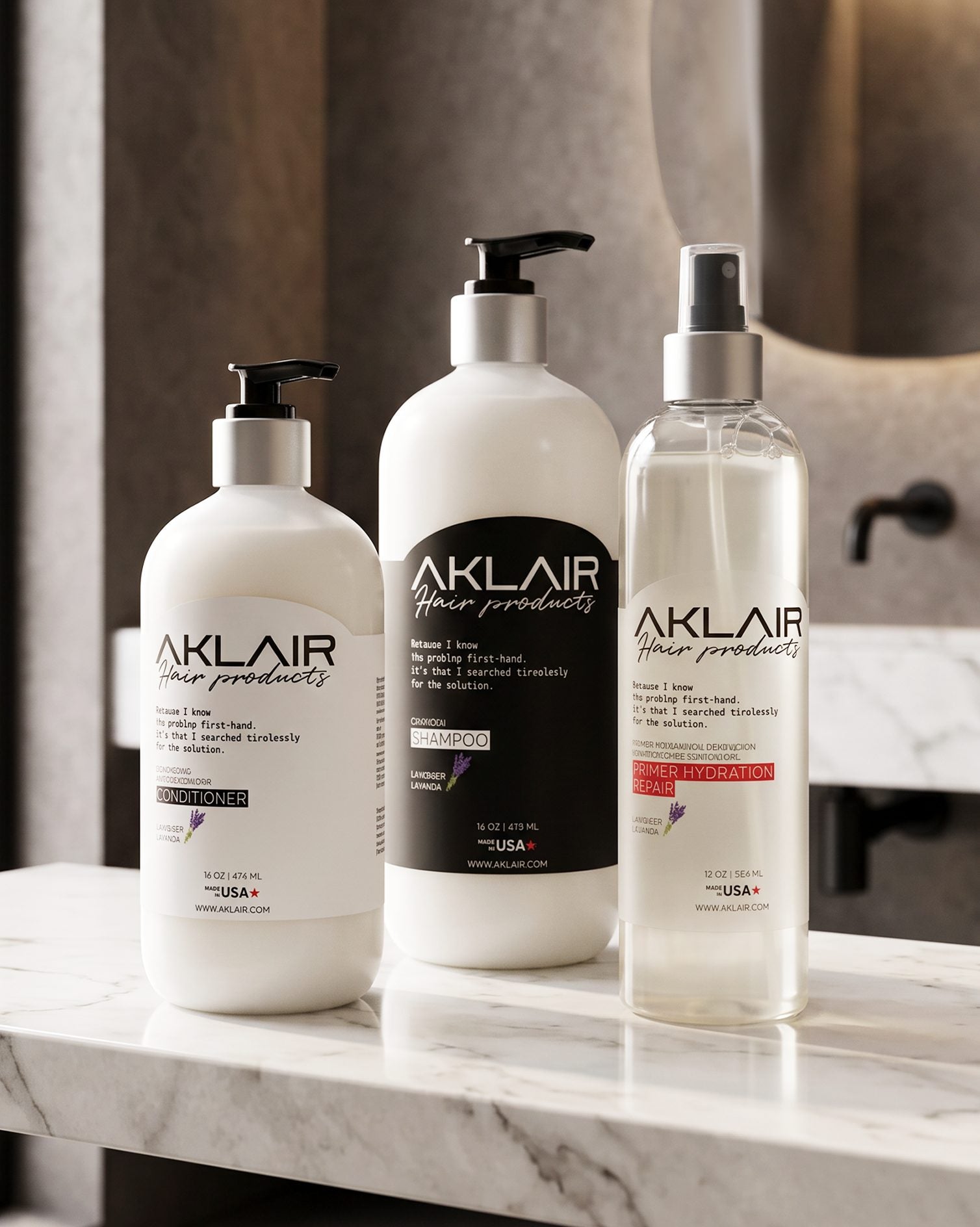 AKLAIR Conditioner, Shampoo and Primer on a marble bathroom shelf